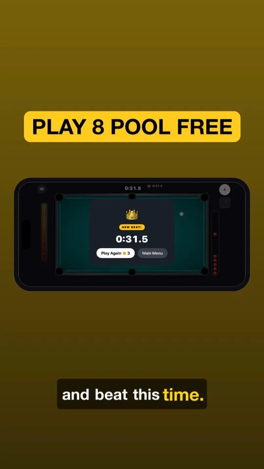 Call-to-action frame: a brand-yellow pill reading “PLAY 8 POOL FREE” above the game's new-best screen