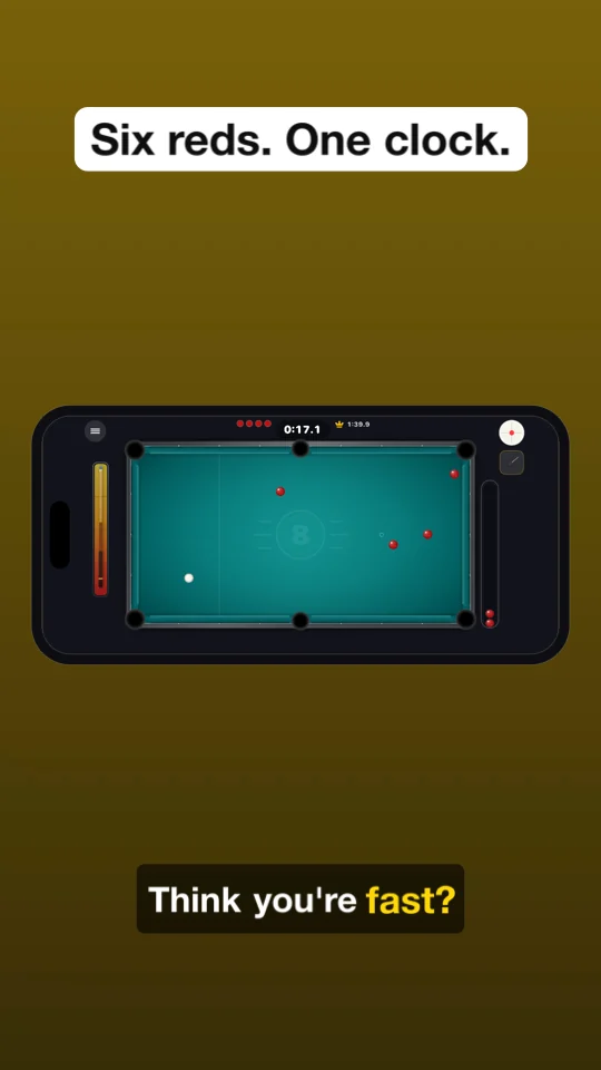Hook frame: headline “Six reds. One clock.” above a landscape game recording framed in a phone, caption “Think you're fast?” below