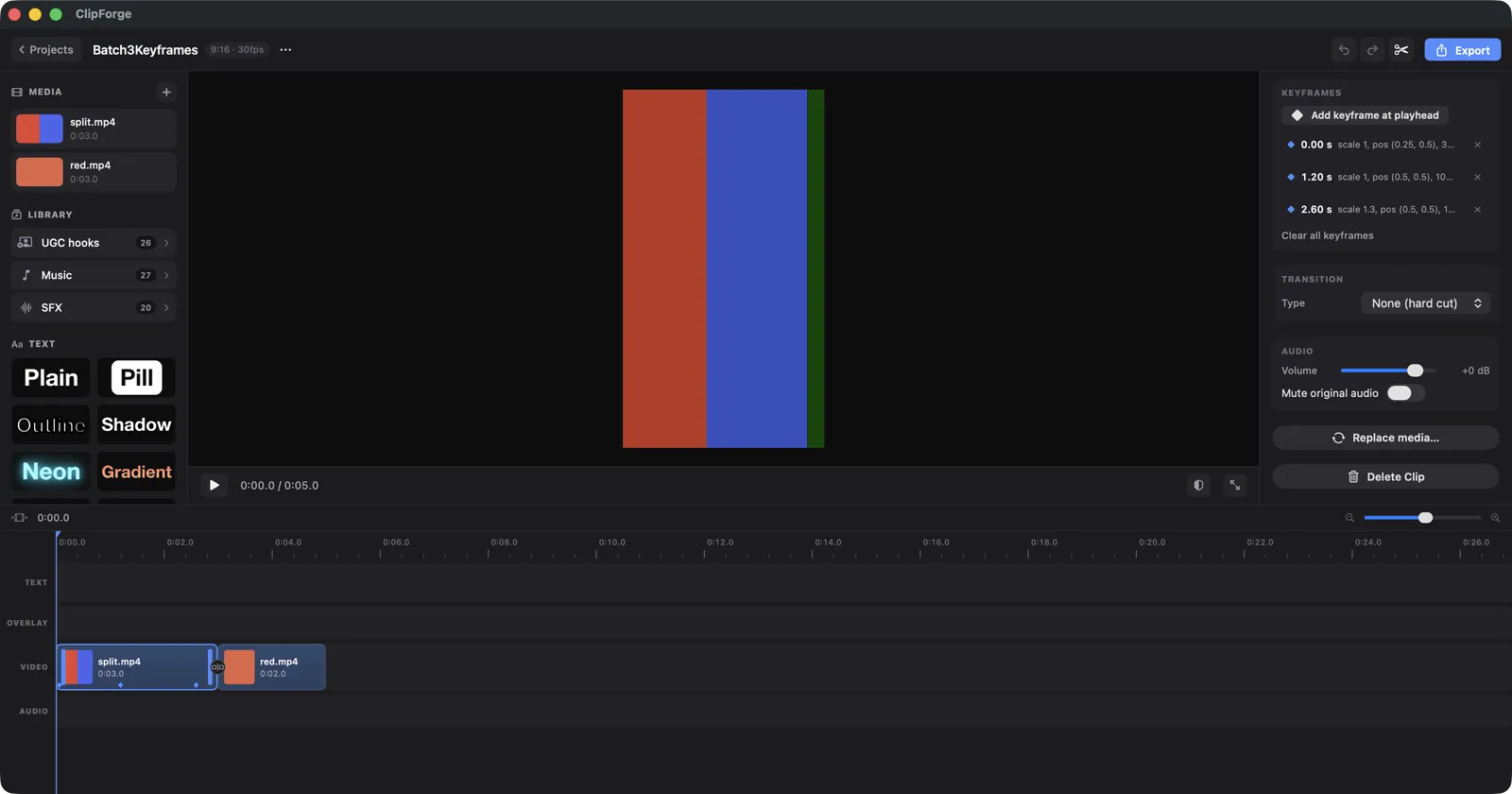 The ClipForge keyframe inspector showing three keyframes with scale and position values, transition controls, and per-clip audio settings