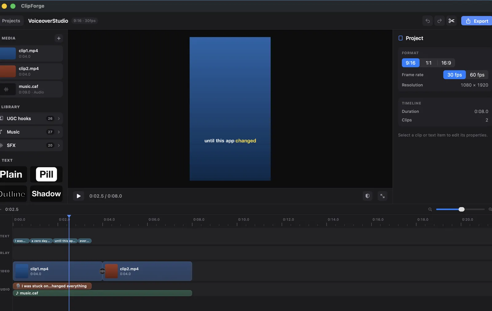 A ClipForge project with a synthesized voiceover clip on the audio lane, word-synced caption items on the text lane, and a music track beneath