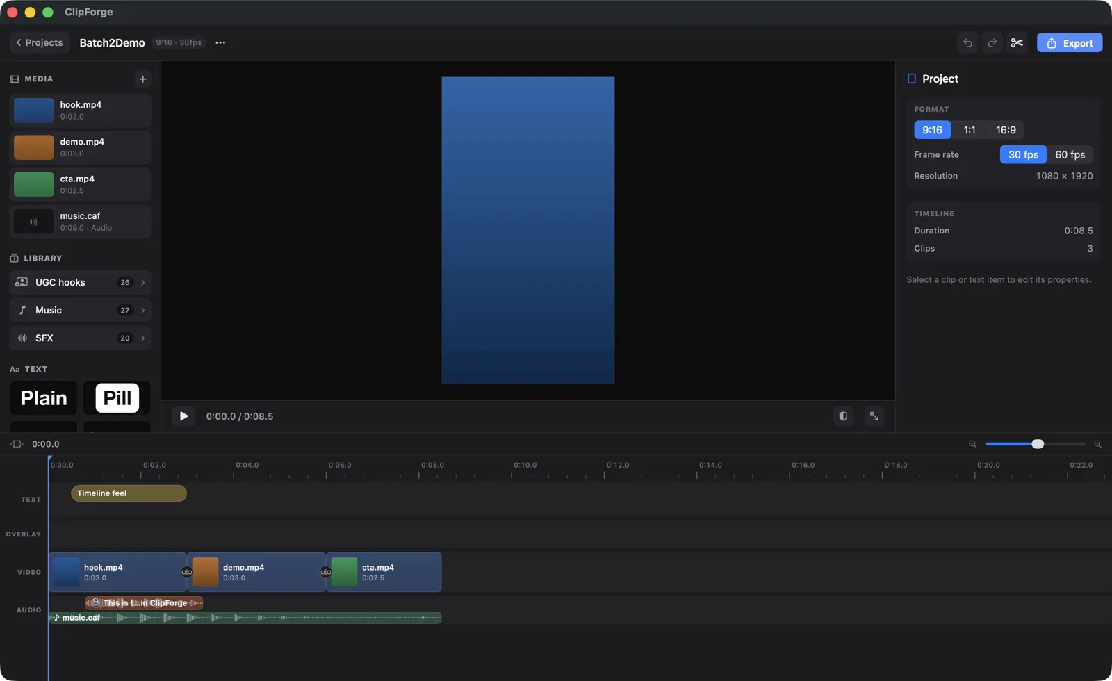 A ClipForge timeline with hook, demo and CTA clips in sequence, a voiceover clip and a music track with visible audio waveforms